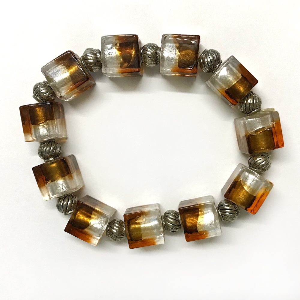 Handmade Vintage Amber Glass & Metal Bracelet NWOT
